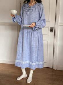 DAZY Vacation Style Ditsy Floral Ruched Frill Collar Lace Patchwork Loose Long Women Nightgown - Blue - View 6