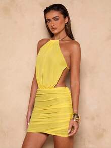 SHEIN BAE Đầm ngắn cổ yếm hở lưng xếp ly màu trơn gợi cảm dành cho nữ, thích hợp cho kỳ nghỉ. - Màu vàng - Xem 5