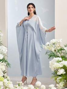 Yasmyna Women's Elegant Sheer Patchwork Batwing Sleeve Front Tie Back Knot Loose Arabic Traditional Long Dress Kaftan Jalabiya Dress - Baby Blue - View 3