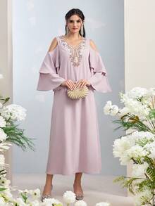 Al Najma 女士土耳其长款连衣裙和阿拉伯传统长袍 - 粉色 - 查看 7