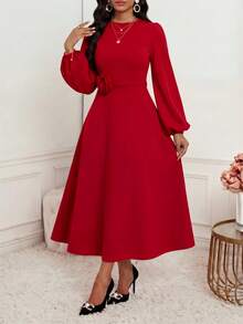 SHEIN Lady Đầm nữ cổ tròn màu trơn tay raglan phồng, thắt eo, dáng dài ngang gối, thanh lịch với họa tiết hoa. - Màu Đỏ Sâu - Xem 7