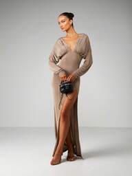 MISSGUIDED Women Taupe Slinky Long Sleeve Deep V Neck Bodycon Maxi Dress With Side Slit Empire Waist Ruched Detail Evening Party Formal