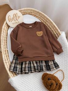 Firerie Kids Firerie Kids 女童卡其色卫衣拼接格子裙卫衣连衣裙，复古时尚百搭休闲日常装