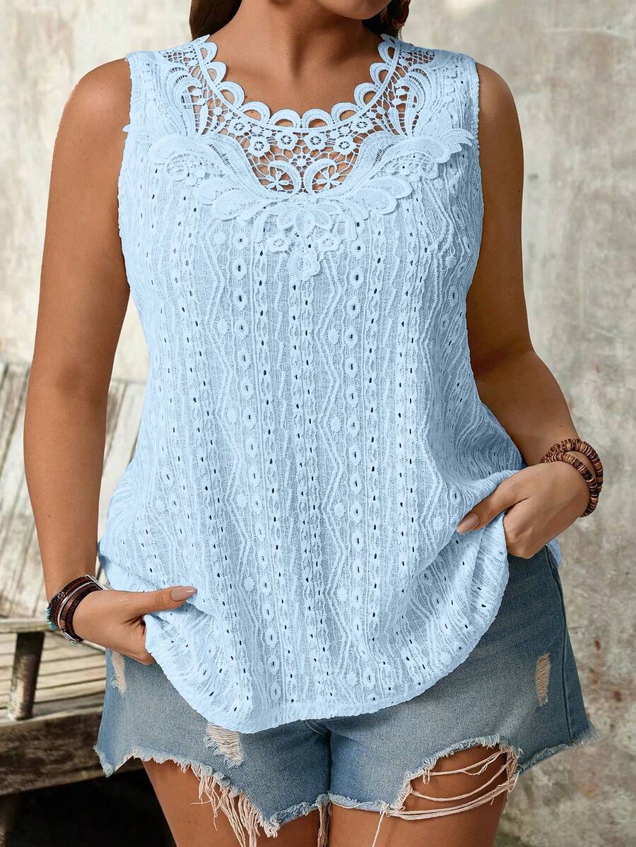 SHEIN LUNE Plus Size Casual Baby Blue Knitted Semi-Sheer Tank Top With Eyelet Embroidery Round Neck Long Length And Regular Hem - Baby Blue - View 1
