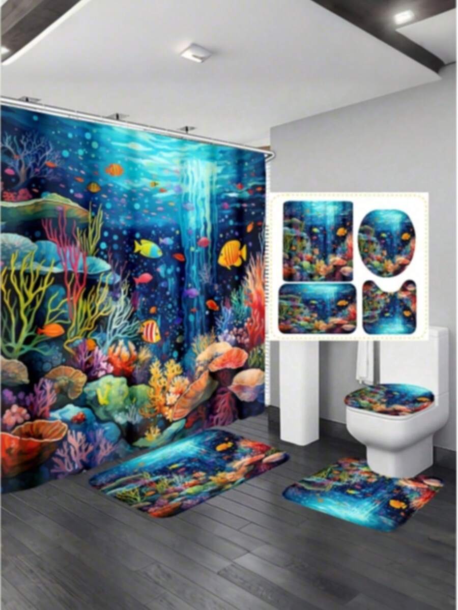 1件套防水海底世界及海洋生物图案多功能装饰浴室浴帘,含12个挂钩、防滑浴室垫、U型马桶垫和马桶盖套,适用于各种场景,家居浴室装饰,秋季装饰,浴室配件 - 彩色 - 查看 1