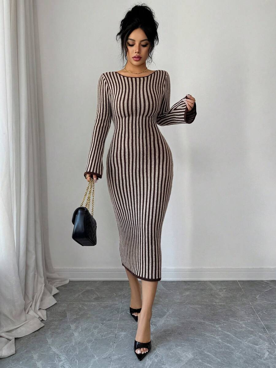 SHEIN Elenzya Women's Striped Crew Neck Long Sleeve Bodycon Knit Dress - Coffee Brown - View 1