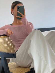 DAZY 2 piezas Conjunto de camiseta de manga larga y camiseta sin mangas de ajuste ceñido de unicolor para mujer, ropa casual de vacaciones, conjunto de ropa de estar en primavera/otoño para mujer - Rosa - Ver 5