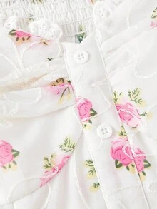 Vestido midi elegante de vacaciones y con cintura ceñida, estampado floral, volantes y encaje en parches, de una sola hilera de botones para mujer - Celeste - Ver 10