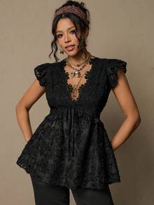 Freevana Áo kiểu nữ cỡ lớn, thanh lịch, lãng mạn, cổ chữ V, thêu hoa, phối ren, bộ sưu tập xuân mới, thích hợp cho ngày Valentine. - màu đen - Xem 5