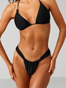 MISSGUIDED Ruched String Bikini Bottom With Adjustable Tie Side Details Classic Low Rise Design For Beach And Pool - Black - View 4