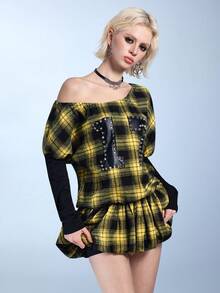 ROMWE J-Fashion 复古运动朋克铆钉和仿皮拼接露肩迷你连衣裙（女款） - 彩色 - 查看 7