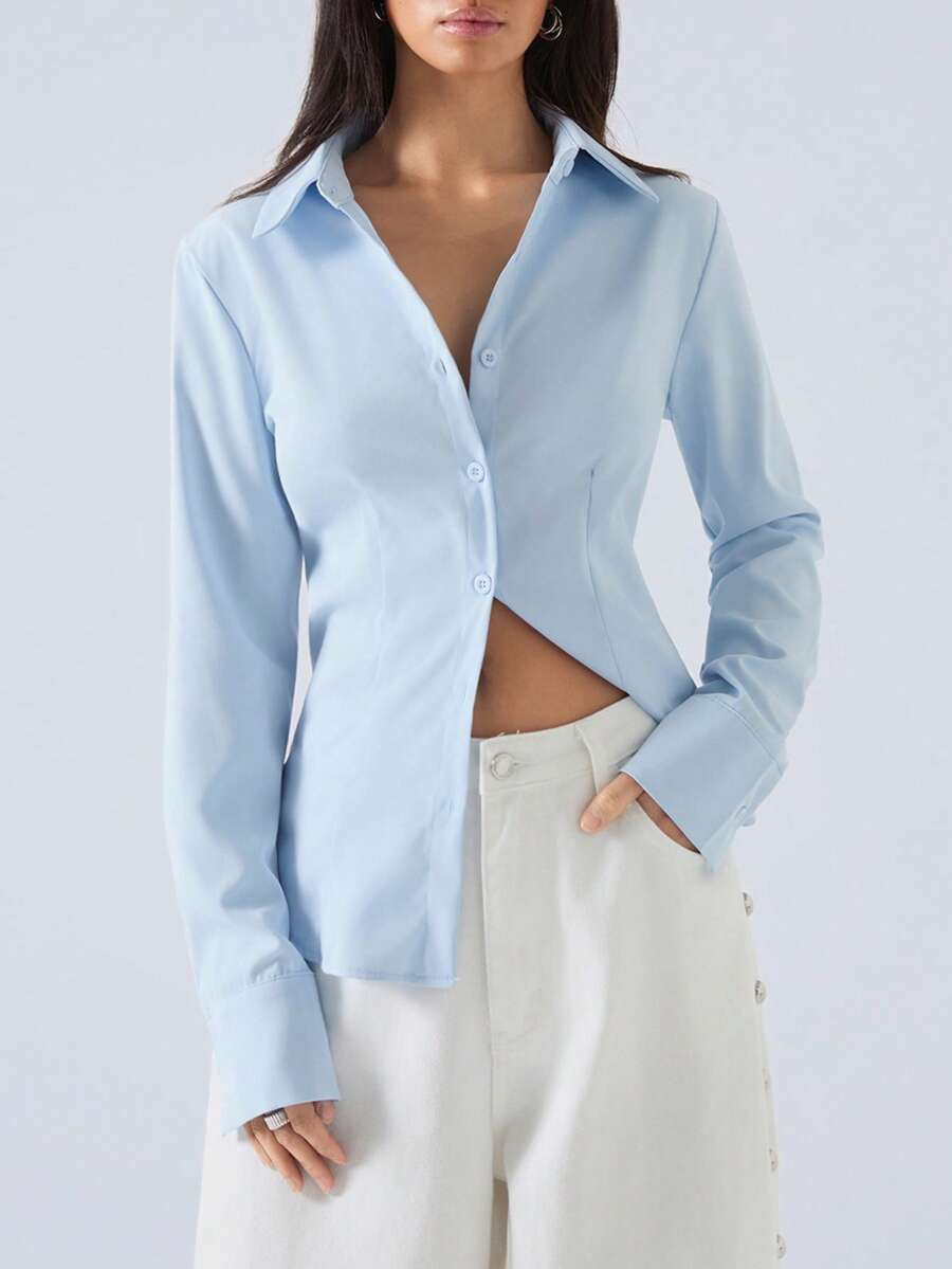 LYSMO Women's Solid Color Button Front Long Sleeve Casual Blouse - Baby Blue - View 1