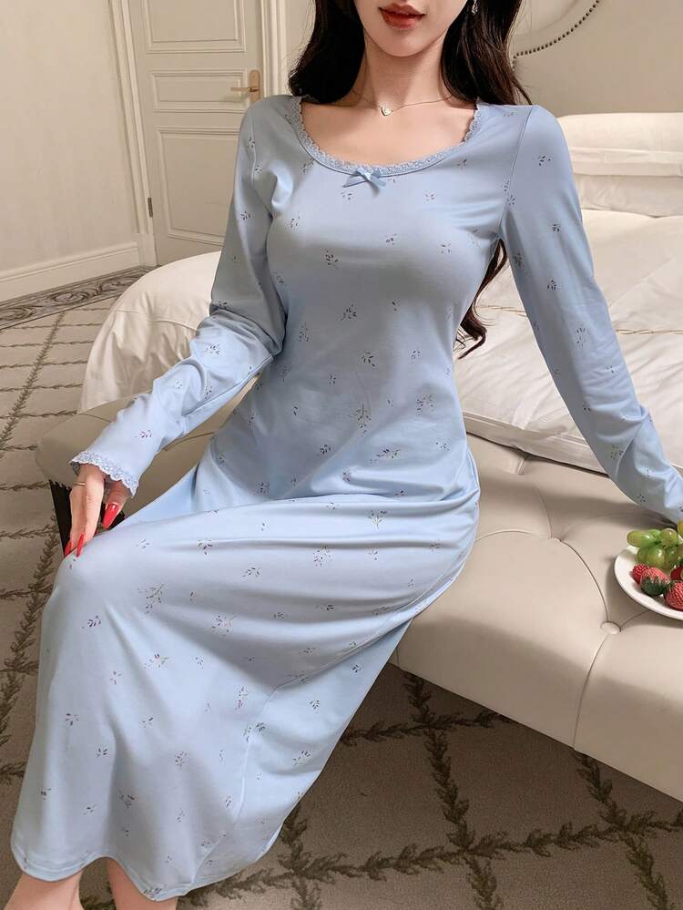 Ditsy Floral Cinched Waist Mid-Length Women's Nightgown