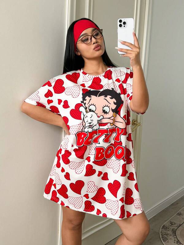 Betty Boop x SHEIN 大码爱心卡通图案圆领短袖睡裙T恤连衣裙夏季可爱睡衣