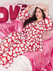SHEIN Cute Heart Pajamas Set,Plus Size Valentine's Day Red And White Striped Contrast Soft Girl Lapel Cardigan Long Sleeve & Pants,Autumn,Family Matching - Pink - View 1