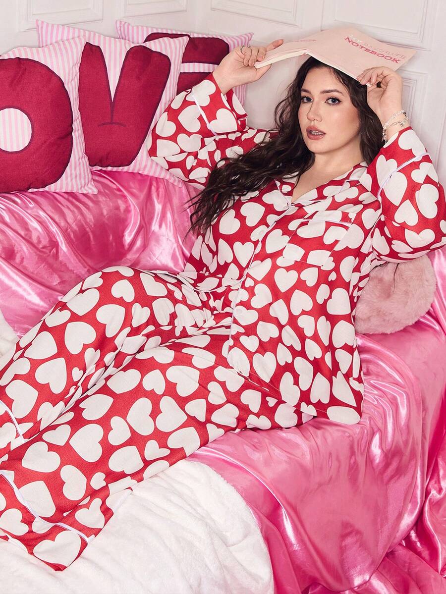 SHEIN Cute Heart Pajamas Set,Plus Size Valentine's Day Red And White Striped Contrast Soft Girl Lapel Cardigan Long Sleeve & Pants,Autumn,Family Matching - Pink - View 1