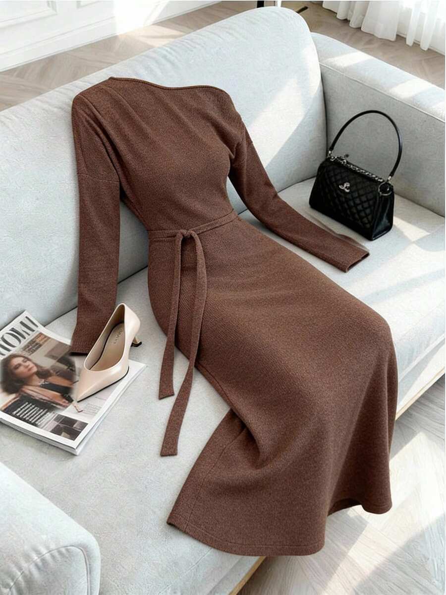 Modelyn Women's Autumn/Winter Fashion Oblique Shoulder Sexy Casual Mid-Length Dress