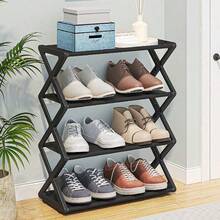Four Layer Stackable Folding Plastic Shoe Rack - Space Saving X-Shaped Storage Organizer Suitable For Entrances, Corridors, Bedrooms, And Dormitories, Black, Easy To Assemble, Durable Plastic Design, Shoe Storage Organizer, Practical Rack