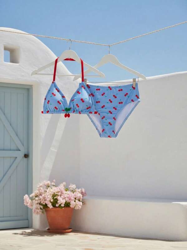 Tween Girl Halter Strap Triangle Cherry Print Allover Summer Bikini Swimsuit Blue And Red Bikini Top Pre Teens Strawberry Bathing Suit 13 Year Old Bikini Cherry Bikini Cherry Bathing Suit Strawberry Swimsuit Swimsuits Summer Blue Bikini Cherry Swim Suit Tween Swimsuit Blue
