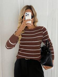 Easowa 条纹宽松休闲针织套头毛衣 - 棕色 - 查看 5