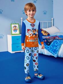 SHEIN | PAW Patrol 男童卡通狗印花撞色长袖上衣和裤子修身睡衣套装，秋冬款 - 淺藍色 - 查看 4