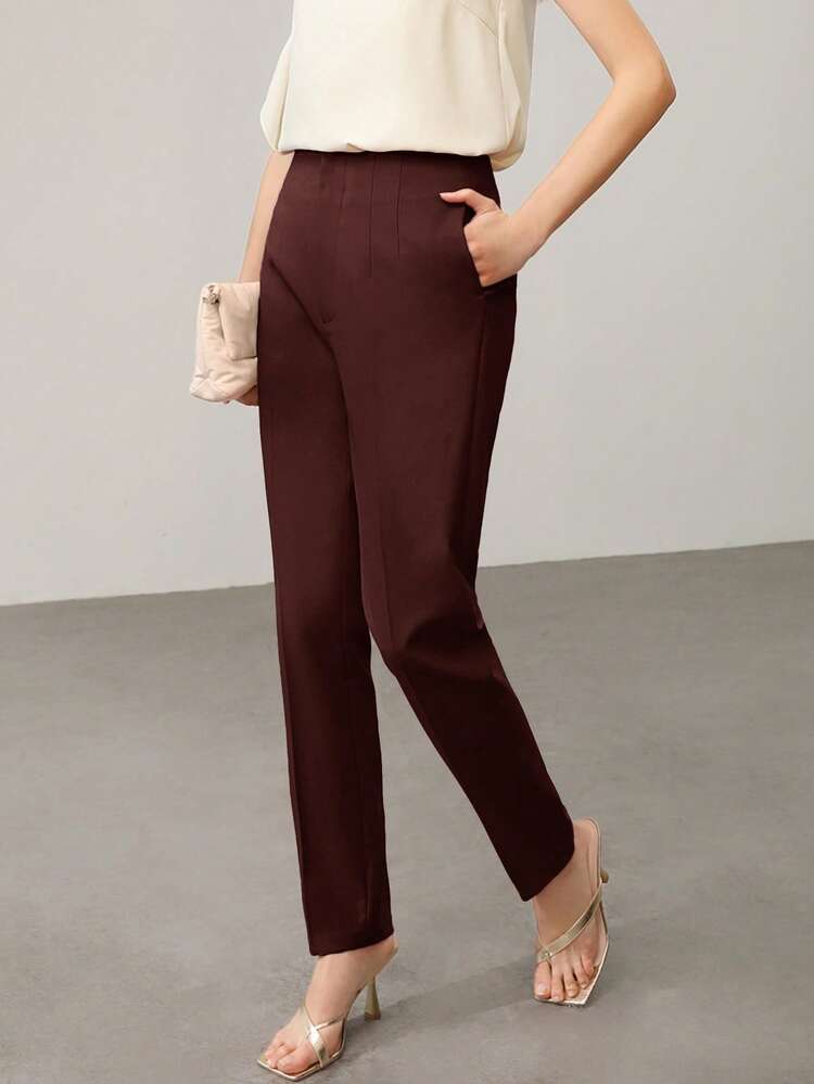 SOLID ZIP FLY SEAM FRONT TAPERED LEG SUIT PANTS