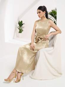 Al Najma 女士纯色简约无袖连衣裙，休闲日常穿着 - 卡其色 - 查看 6