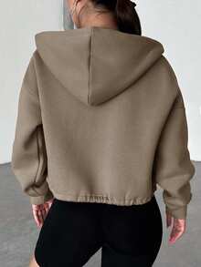 Áo hoodie có dây rút vai bằng cotton, kéo khóa - Lạc đà - Xem 2