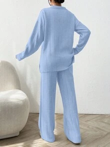 EURMUSE 2pcs Solid Color Ribbed Polo Neck Loose Knit Sweaters Everyday Travel Light Blue Autumn Casual - Baby Blue - View 2
