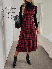 Easowa 红色格子纽扣前方领无袖中长连衣裙，腰带设计，适合圣诞节、新年、情人节等多季节穿着 - 紅色 - 查看 2
