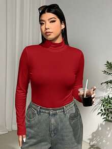 SHEIN EZwear Bộ đồ liền thân dài tay cổ lọ màu trơn cỡ lớn dành cho nữ - Đỏ - Xem 6