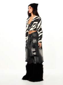 SUMWON WOMEN Zebra Printed Long Sleeve Corset Style Lace Up Front Crop Top With Eyelet Details - Black and White - View 3