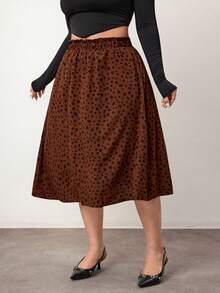 Enliva Plus Size Women Ruffle Waist All-Over Print Casual Skirt, For Apple Rounded Body Shape - Coffee Brown - View 4
