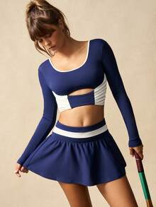 VARSIVA Women's Tennis Sets, Navy Blue And White Color-Blocked Long-Sleeved Mini Tennis Skirt Set, Backless Top, Suitable For Tennis, Gym, Yoga, Holiday, Casual, Spring, Summer, Autumn And Winter - Multicolor - View 6