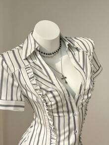 Elamini Women's Cute Sweet Frill Trim Striped Tie-Front Cropped Short Sleeve Blouse, Spring/Summer - White - View 4