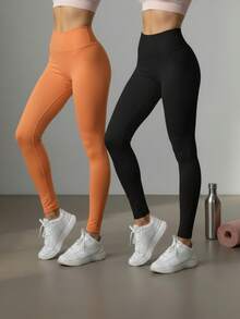 Women Leggings - Negro Naranja - 查看 2
