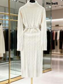 SHEIN Franclia New Autumn/Winter European & American Casual High Neck Slim Fit Mid-Length Knitted Sweater Dress For Women - White - View 2