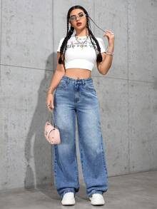 Jeanoix Quần denim ống rộng cạp cao có túi tiện dụng đa năng cho nữ - Rửa trung bình - Xem 4