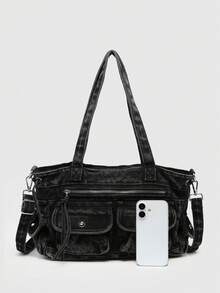 Kawaii 女士复古做旧渐变迷彩十字架和心形吊坠装饰蝴蝶结肩带手提包，大容量多口袋肩包 - 牛仔黑 - 查看 4