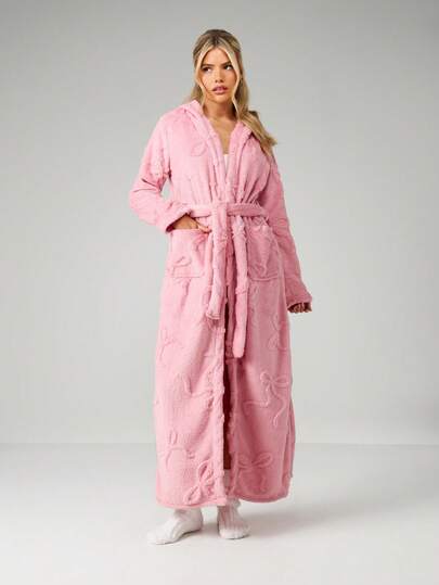 MISSGUIDED Fluffy Pink Hooded Robe With Bow Pattern Long Sleeve Plush Bathrobe Cozy Winter Loungewear