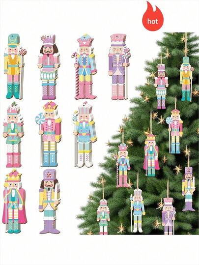18pcs Christmas Nutcracker Figurines, Wooden Crafts With String, Candy-Style Nutcracker Ornaments, Christmas Tree Decor, Suitable For Home Gathering And Christmas Party Decoration