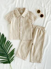 Vintaside Kids Baby Boy/Girl 2pcs Set,Beige,Summer,Space Theme,Family Matching,Textured Vertical Stripe Shirt Polo Collar Short Sleeve Top+Elastic Waist Pants Wear - White - View 3