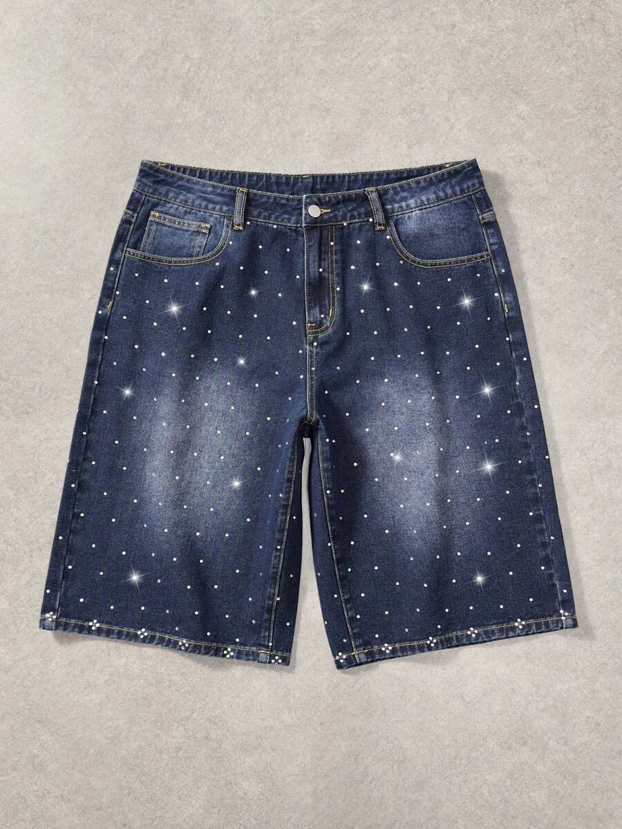 ROMWE MEN 男士夏季休闲时尚街头通勤水钻装饰宽松牛仔短裤 - 黑色 - 查看 1