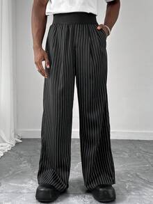 HUEFORM Pantalones rectos de corte relajado de unicolor con cintura elástica para hombre, pantalones anchos de pierna suelta de unicolor con costura frontal, pantalones anchos versátiles en negro oversize, regalos para novio, ropa urbana para hombre, pantalones anchos a rayas para uso casual, pantalones de rayas para hombre, pantalones plisados para hombre, pantalones anchos de rayas para hombre, pantalones anchos plisados para hombre - Negro - Ver 1