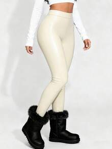 SHEIN 1 pieza Leggings de mujer de piel sintética, pantalones ajustados elásticos, tela de malla delgada, diseño de costura a la moda, adecuado para uso casual y deportivo - Blanco - Ver 4
