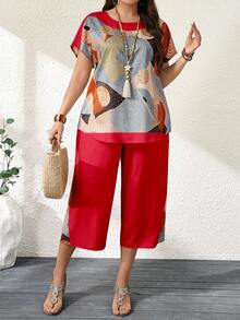 Breezaya Plus Size Women 2 Pieces Set - Geometric Print Short Sleeve Top And 3/4 Pants, Spring/Summer - Multicolor - View 1