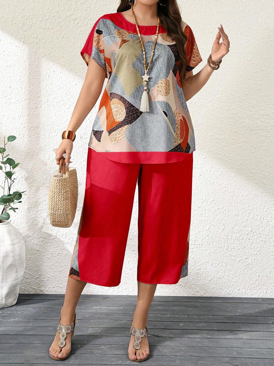 Breezaya Plus Size Women 2 Pieces Set - Geometric Print Short Sleeve Top And 3/4 Pants, Spring/Summer - Multicolor - View 1