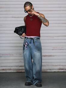 AXEPEAK Camiseta de tirantes casual y versátil para hombres con cuello redondo y estampado redondo - Rojo - Ver 4