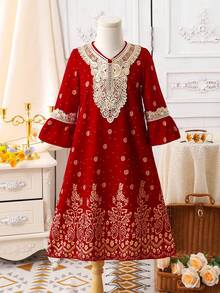 New Ss26 Fashion,Girls Red V Neck Long Flare Sleeve Vacation Tunic Dress With Ruffle Christmas Pattern,Red Pakistani Kids Dress Long Flare Sleeve Ruffle V Neck Tunic For Girls,Young Girls Red Long Polyester Tunic Dress V Neck Ruffle Detail,Girls Red Long Sleeve V Neck Ruffle Polyester Tunic Dress Vacation Style. - Red - View 7