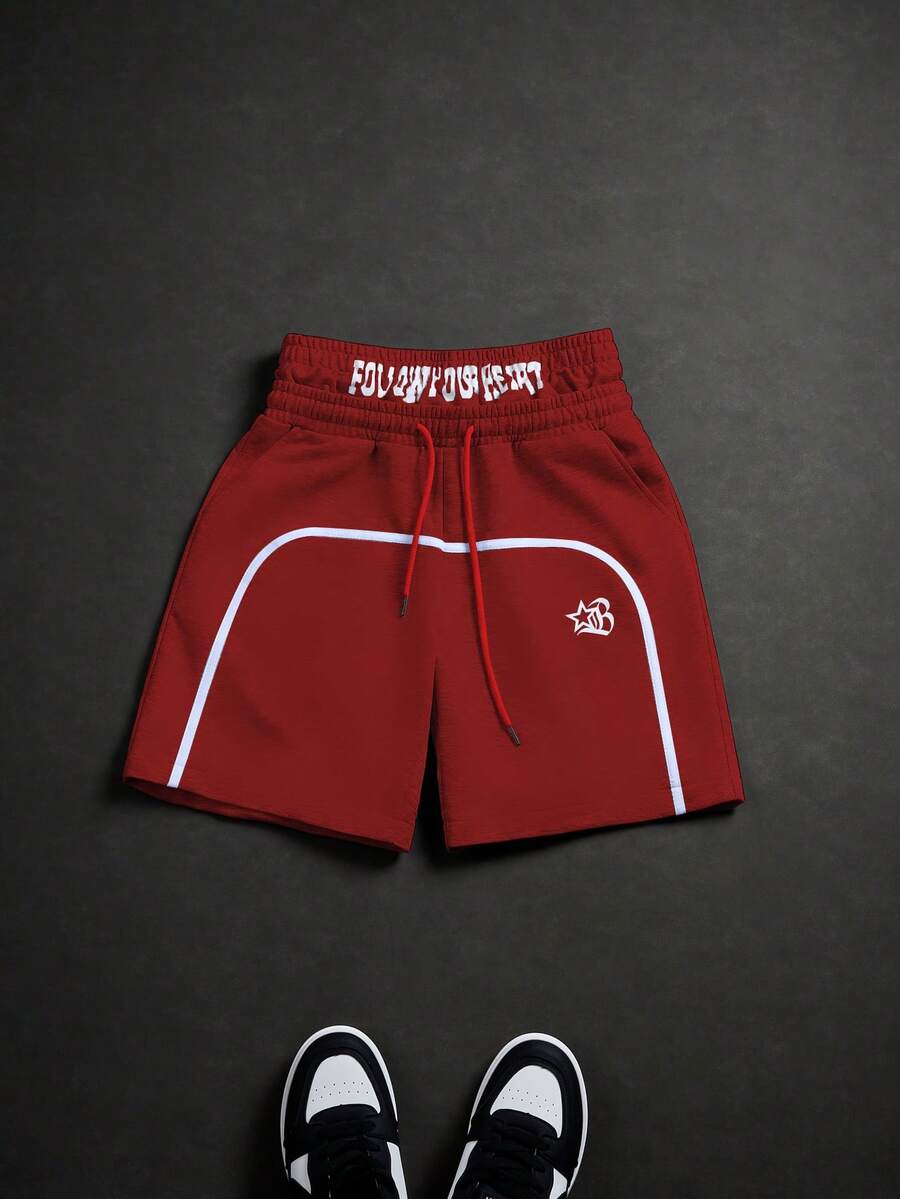 PAVTROS Manfinity Streetrush Men's Casual Loose Waistband Print Drawstring Summer Shorts - Red - View 1